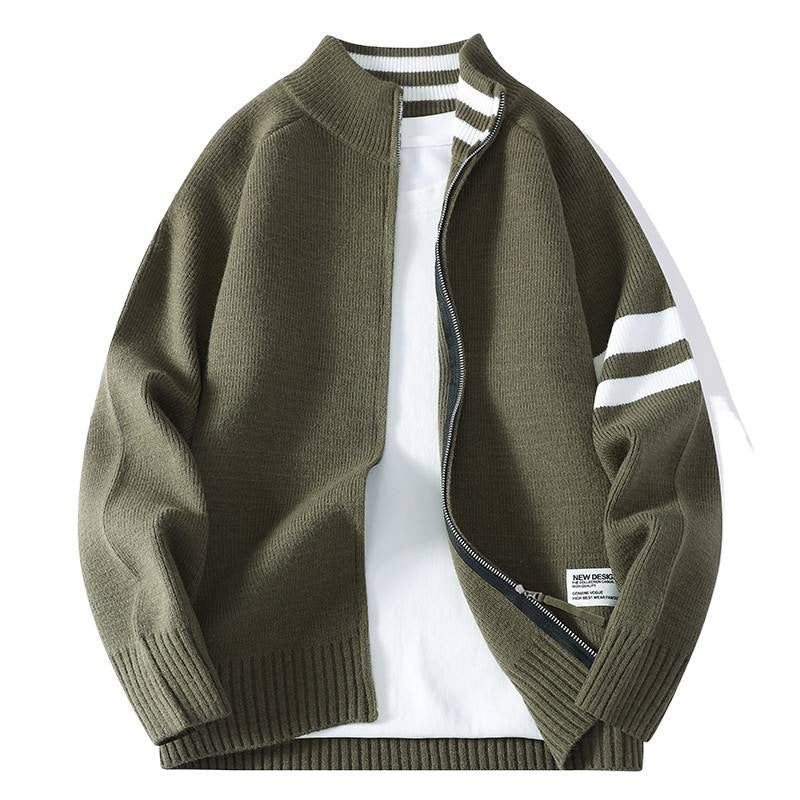 Men's knitted zip cardigan in college style with striped sleeve band and ribbed stand-up collar Mune Fashion