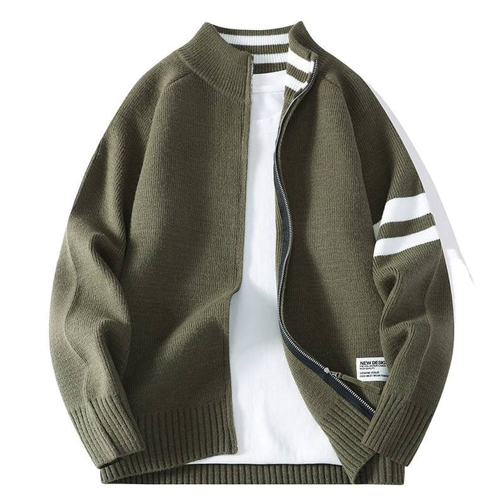 Men's knitted zip cardigan in college style with striped sleeve band and ribbed stand-up collar Mune Fashion