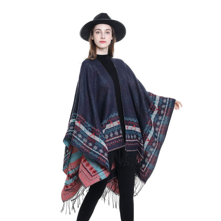Women's Wool Blend Kimono Poncho with Norwegian Border and Fringe Mune Fashion