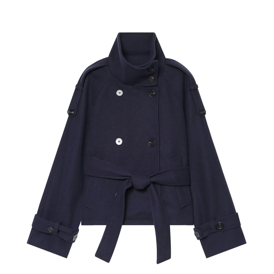 Ladies short cape jacket made of wool blend with high standing collar, double-breasted and tie belt Mune Fashion
