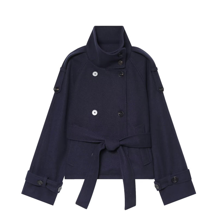 Ladies short cape jacket made of wool blend with high standing collar, double-breasted and tie belt Mune Fashion
