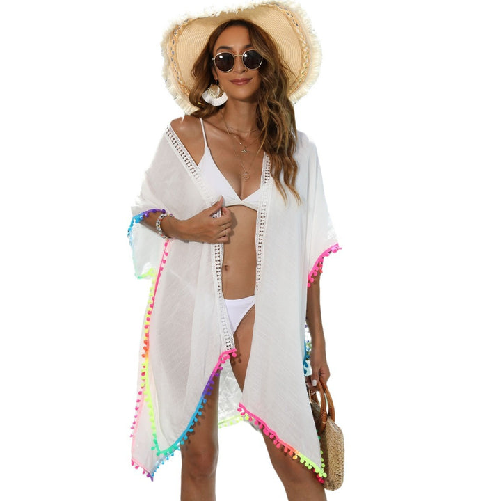 Women’s casual beach cover-up with colorful pom-pom trim Mune Fashion