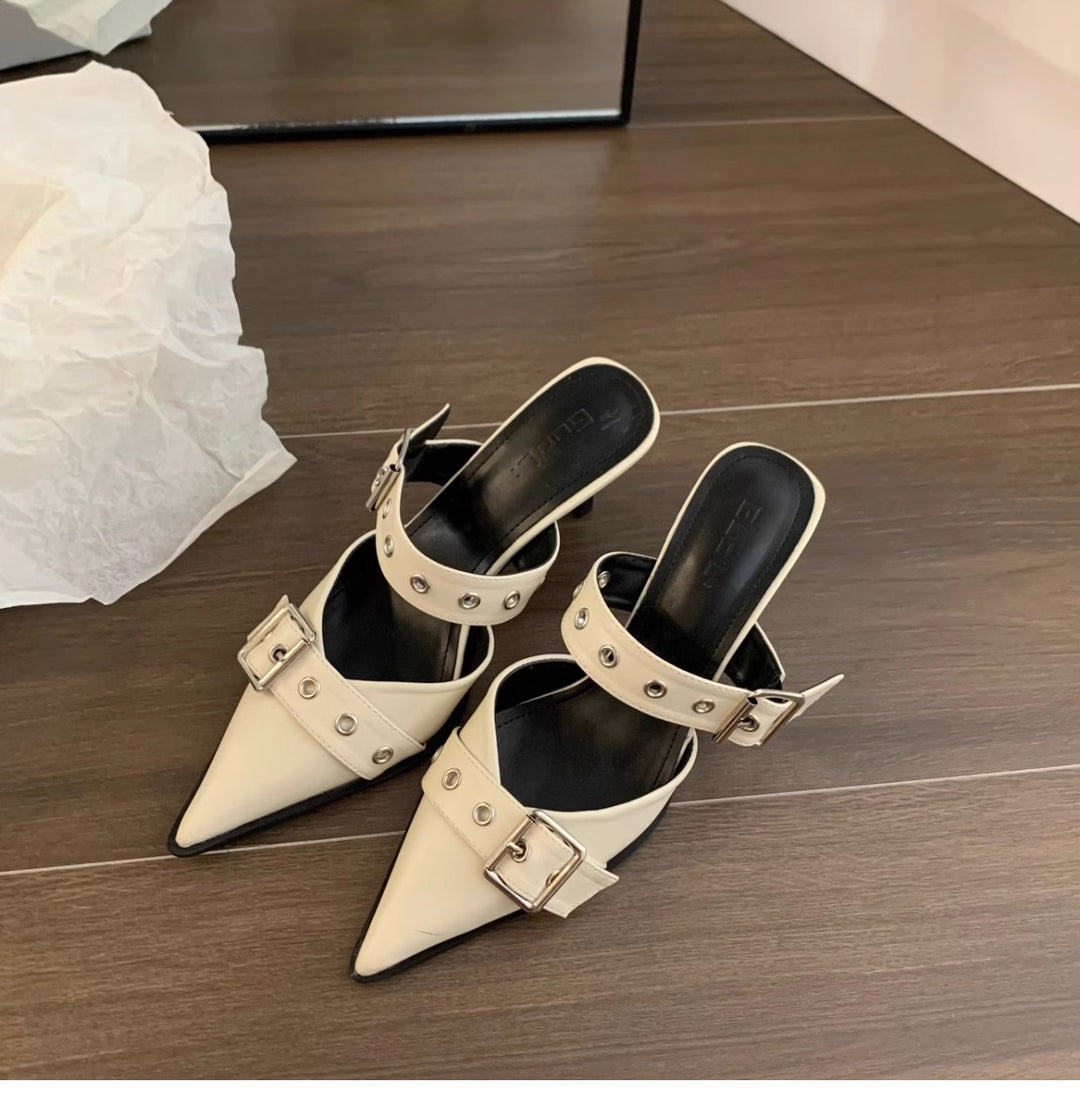 Women's pointed toe mule slippers with double buckle strap, eyelet detail, and low kitten heel Mune Fashion