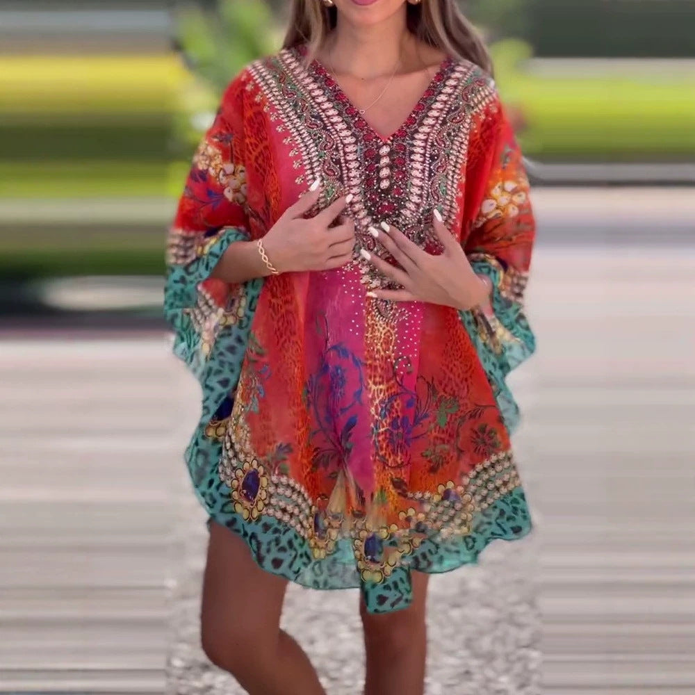 Women's short tunic kaftan with embellished V-neck and floral-animal border Mune Fashion