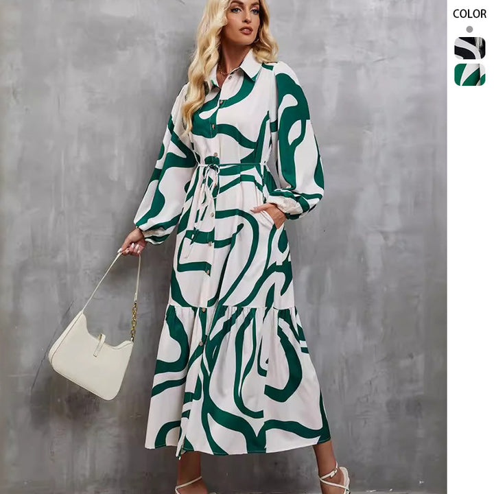 Women's patterned shirt dress with waist drawstring, full button placket and side slit Mune Fashion