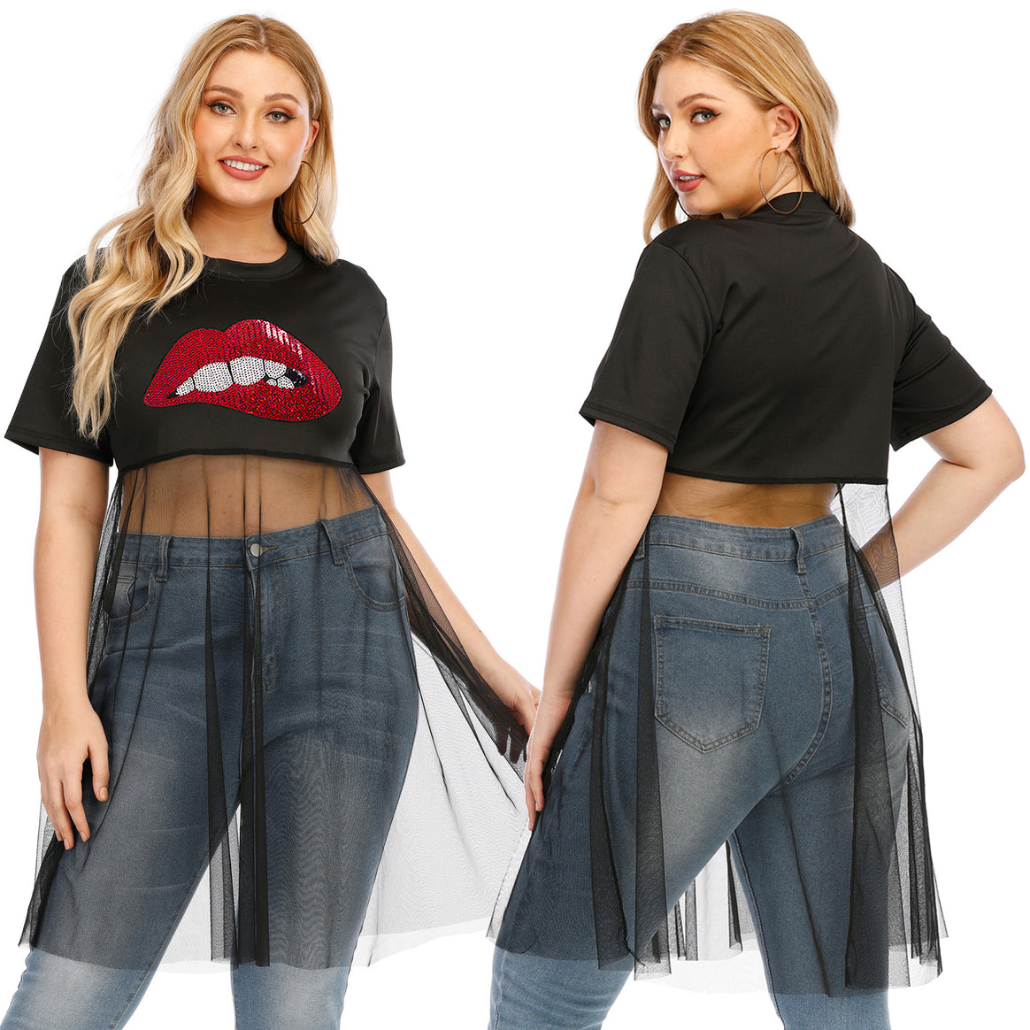 Women's fashionable crop top with transparent overlay and glitter trim Mune Fashion