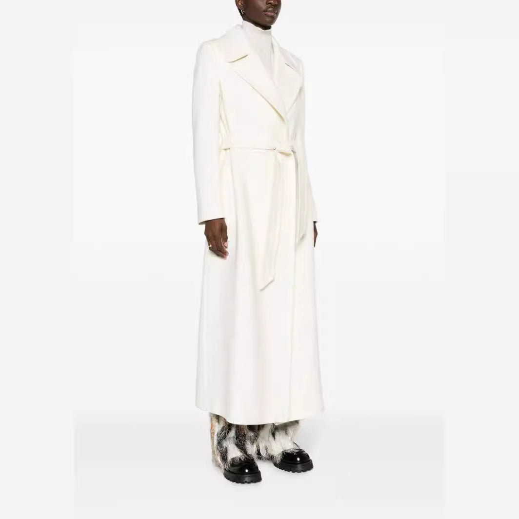 Women’s Maxi-length tailored wool blend coat with belt and wide lapels Mune Fashion