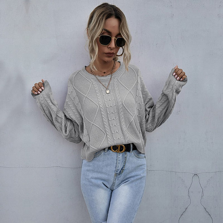 Women Casual Oversized Knit Sweater with Geometric Cable Pattern and Deep Sleeve Cuffs Mune Fashion