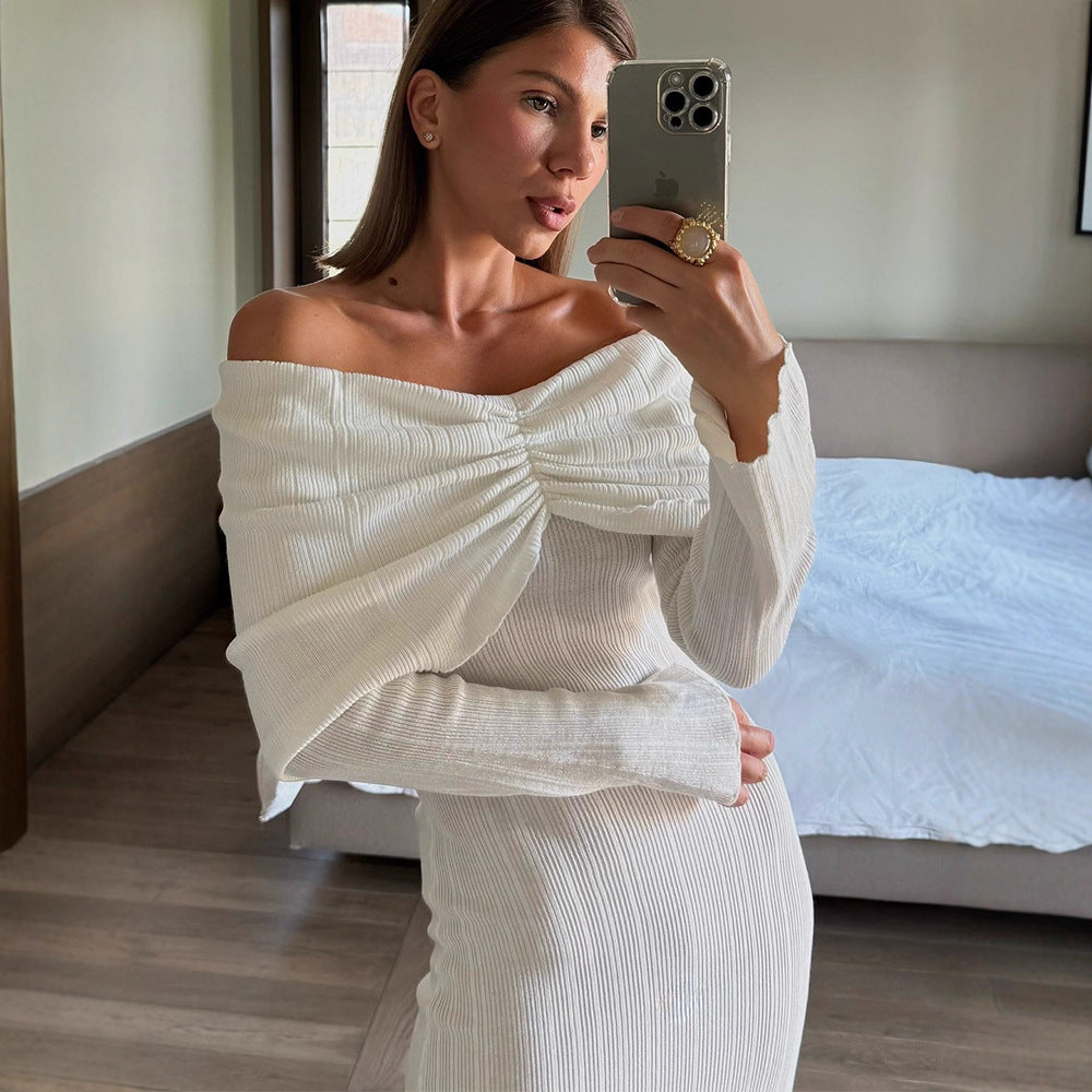 Women's Off-Shoulder Maxi Dress made of ribbed fine knit with draped sweetheart neckline and figure-hugging silhouette Mune Fashion