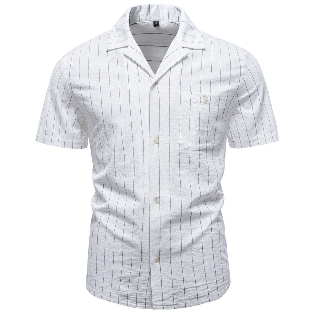 Men's lightweight short-sleeve shirt made of cotton-linen blend with notch collar and fine pinstripes Mune Fashion