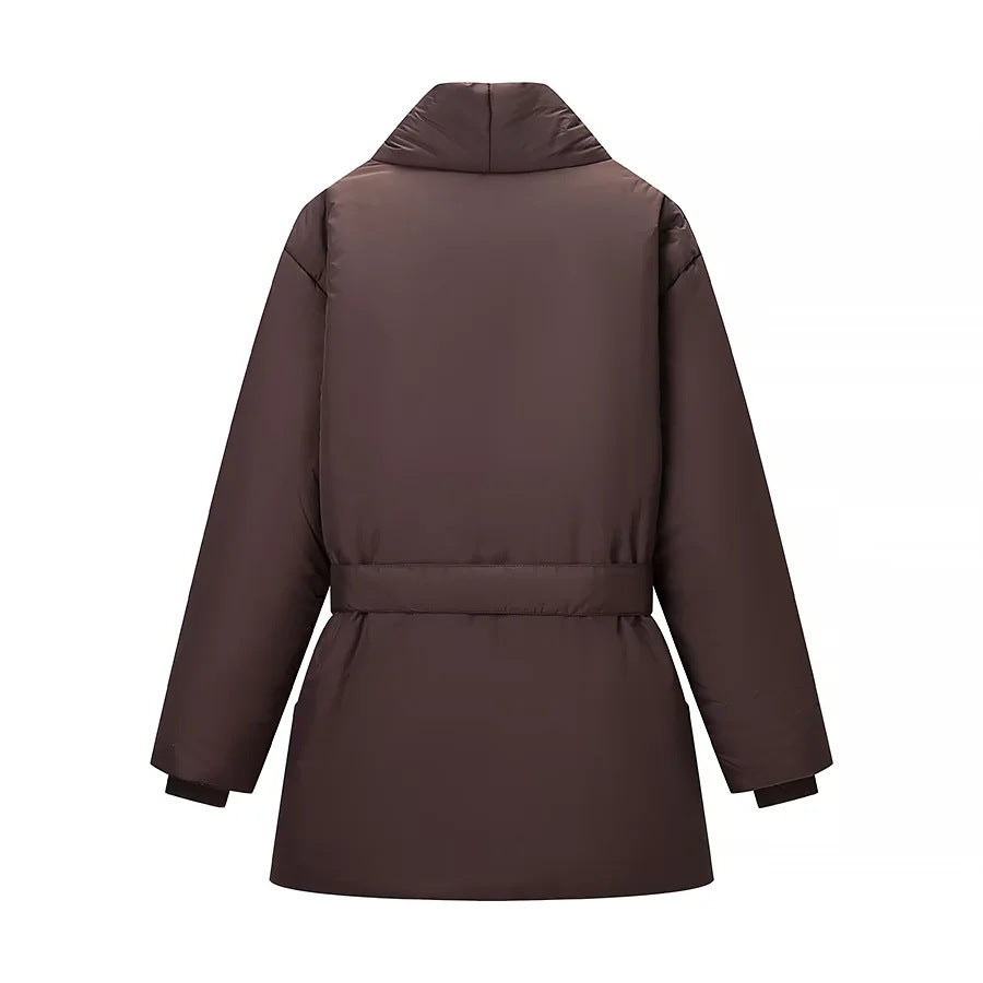 Women's nano quilted jacket with shawl collar, tie belt, and patch pockets Mune Fashion