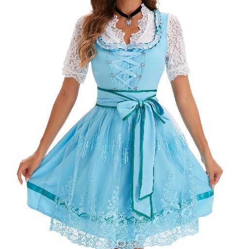 Women's short country style dirndl with embroidered tulle apron, gathered bodice and puff sleeves Mune Fashion