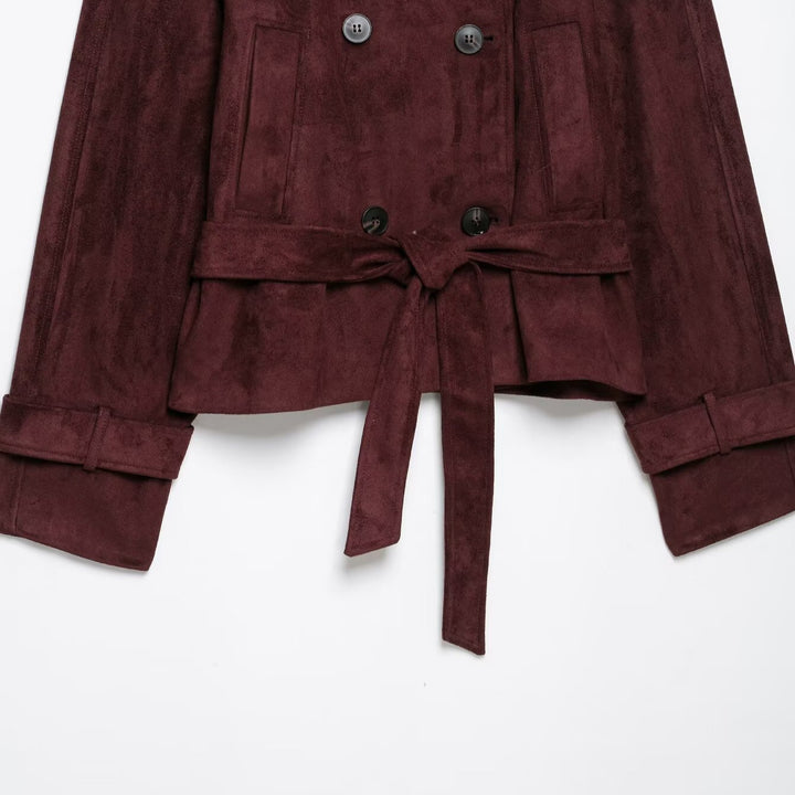 Women's short trench coat in suede look with high stand-up collar and tie belt Mune Fashion