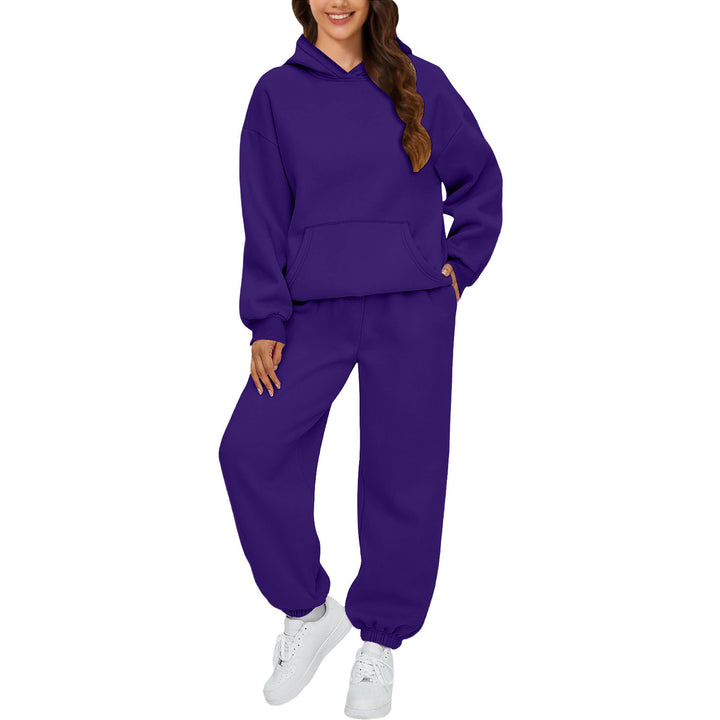 Women's cozy French-Terry loungewear set with double-layer hood, kangaroo pocket, and elastic ankle jogger Mune Fashion