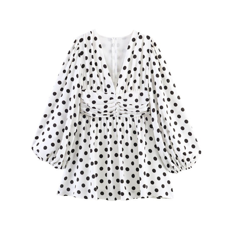 Ladies Polka Dot Blouse with Deep V-Neck, Gathered Waistline and Voluminous Balloon Sleeves Mune Fashion