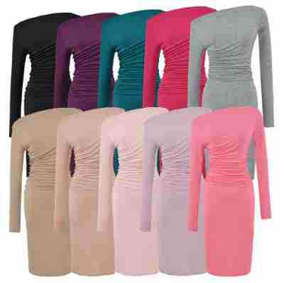 Women's Asymmetric One-Shoulder Midi Dress with Gathering and Long Sleeve Mune Fashion