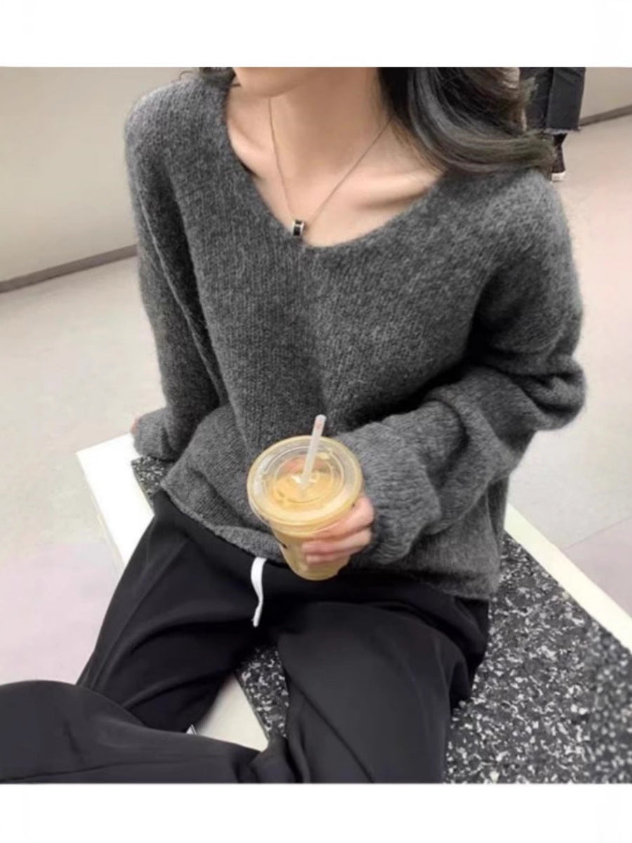 Women Oversize V-neck Mohair-look Pullover with Angora-look and dropped shoulder Mune Fashion