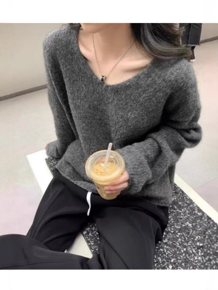 Women Oversize V-neck Mohair-look Pullover with Angora-look and dropped shoulder Mune Fashion