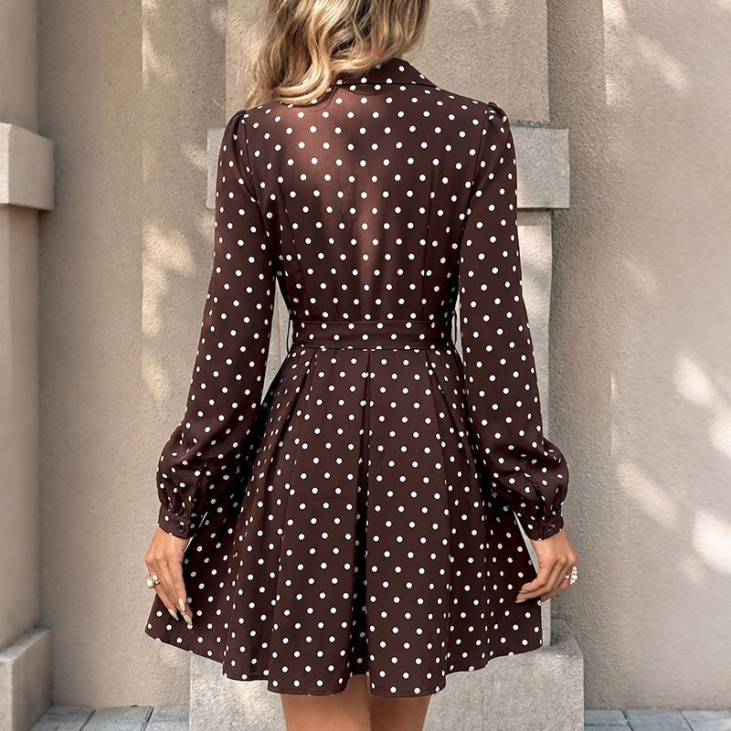 Women's Polka Dot Shirt Dress with Waist Belt and Swinging A-Line Mune Fashion