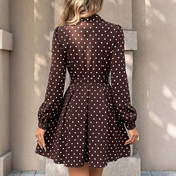 Women's Polka Dot Shirt Dress with Waist Belt and Swinging A-Line Mune Fashion