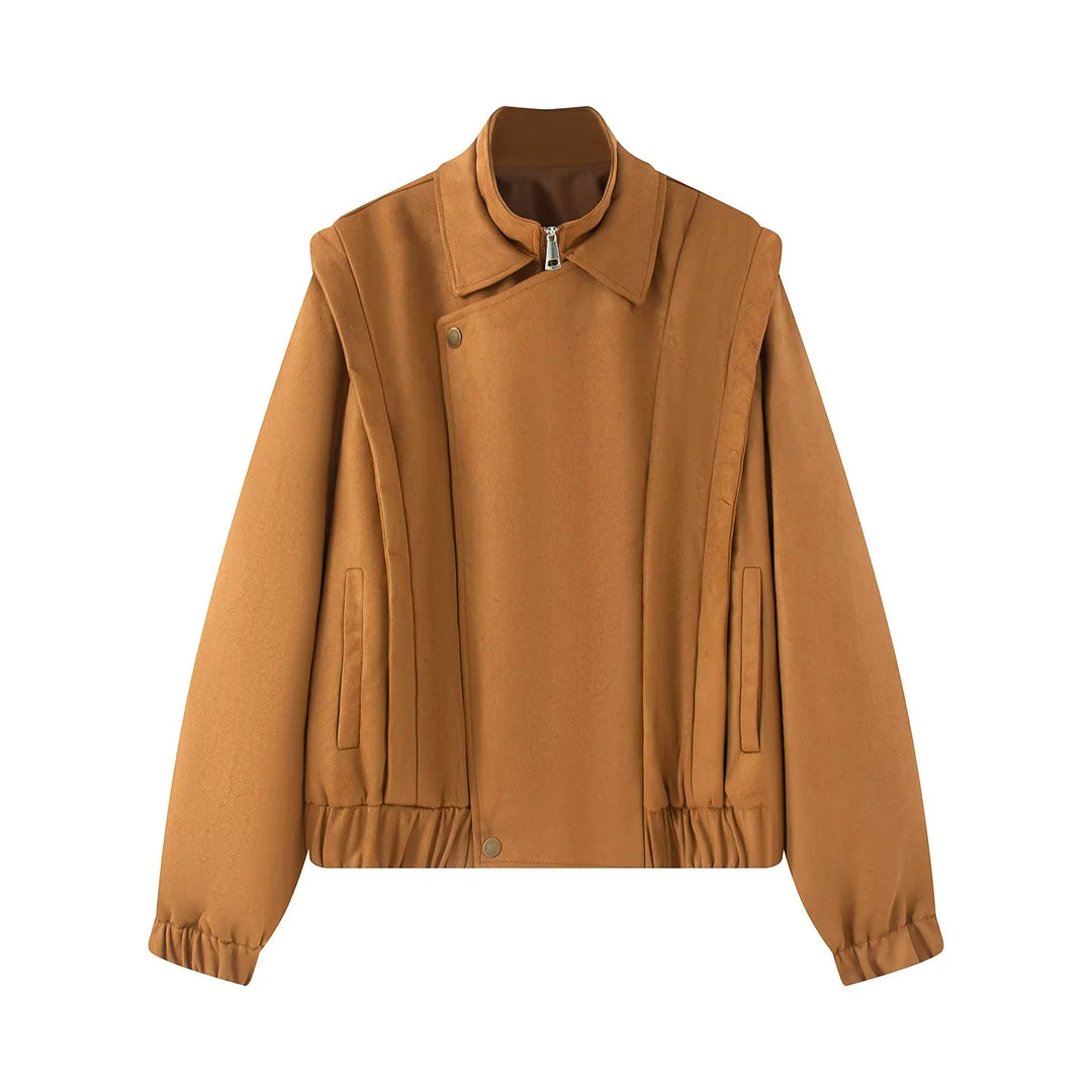 Women's short wool bomber jacket with asymmetrical zipper, stand-up collar, and elastic hem Mune Fashion