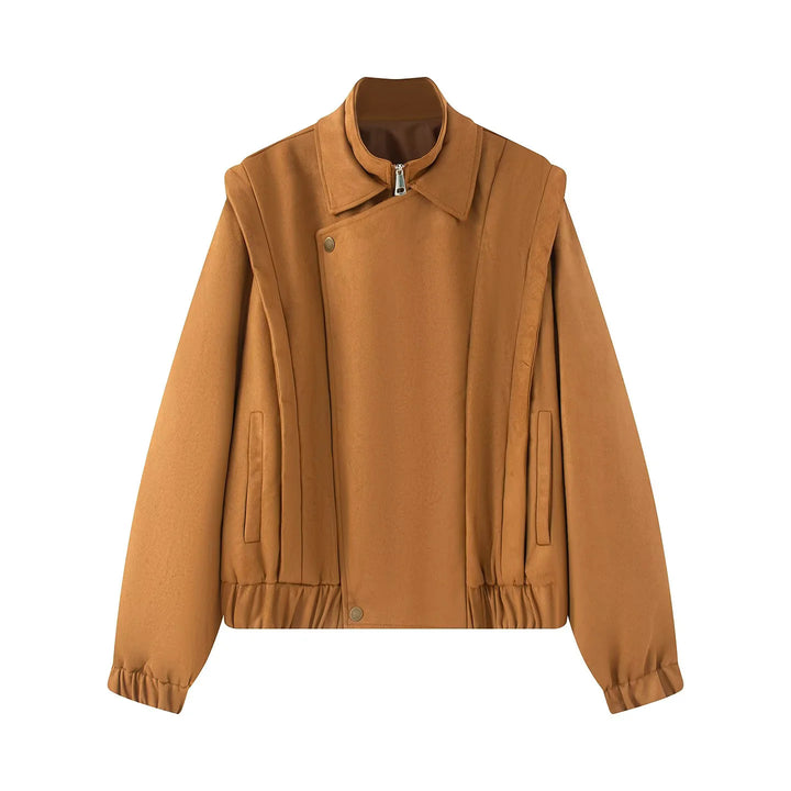 Women's short wool bomber jacket with asymmetrical zipper, stand-up collar, and elastic hem Mune Fashion