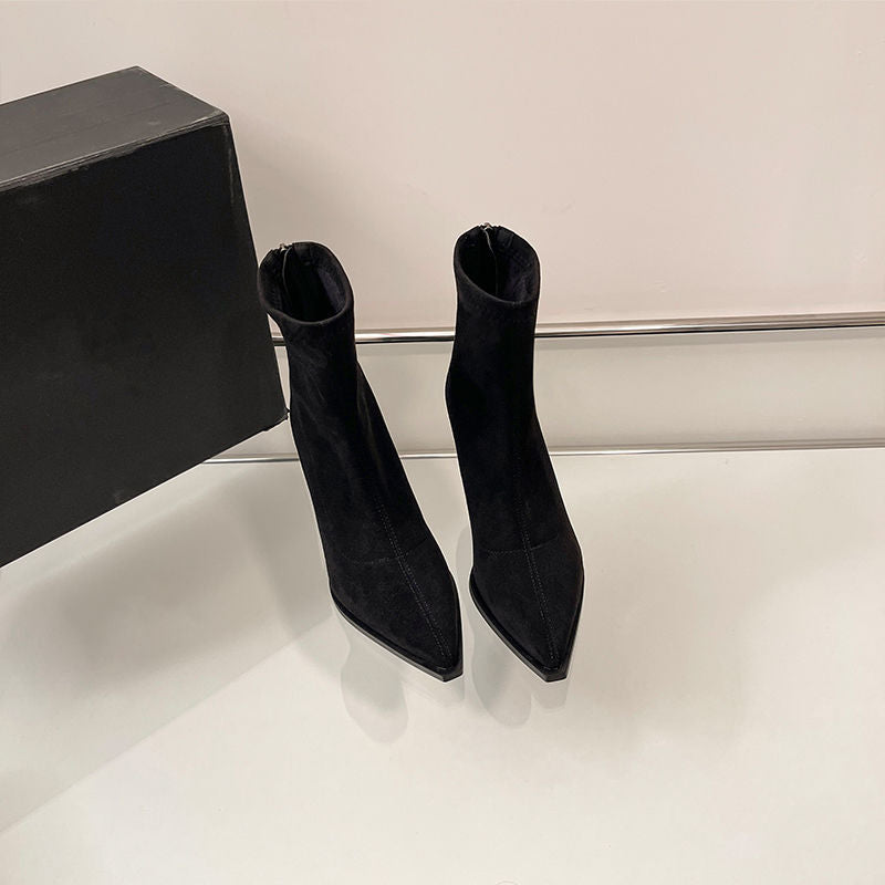 Women pointed toe ankle boots made of suede look with sock-like shaft and slim stiletto heel Mune Fashion