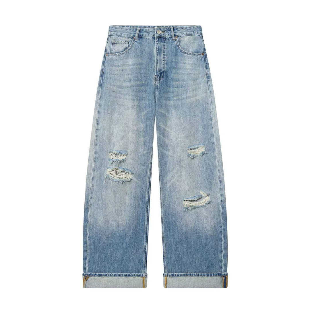 Women non-wide High-Waist Ripped Jeans with Straight-Leg, rolled hem and classic pockets Mune Fashion