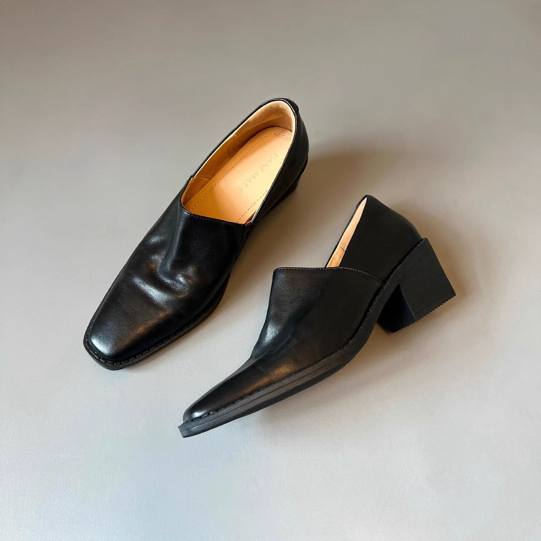 Women's Elegant Slip-on Loafer with Square Toe Cap and Mid-High Block Heel Mune Fashion
