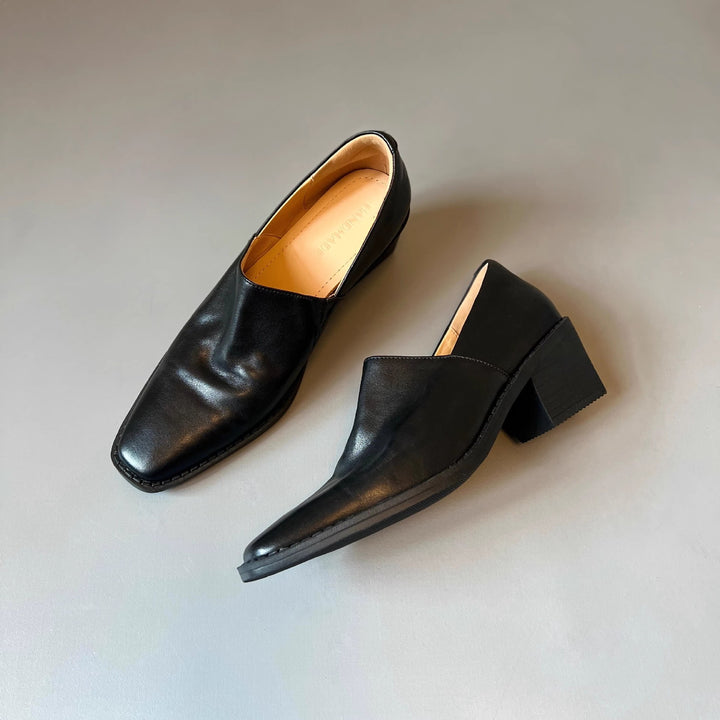 Women's Elegant Slip-on Loafer with Square Toe Cap and Mid-High Block Heel Mune Fashion