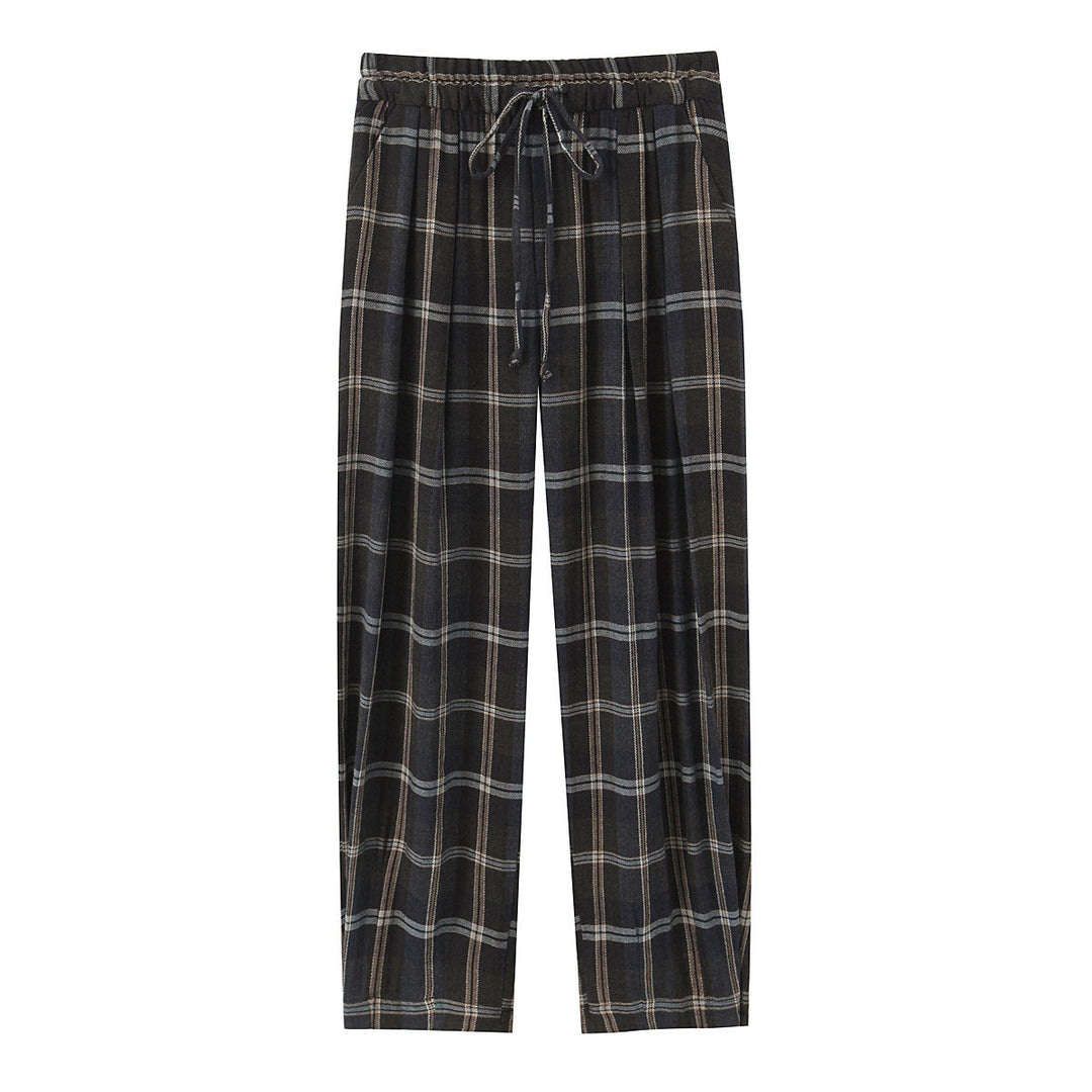 Women's Wide Checked Fabric Trousers with Drawstring Waist and Ironed Fold Mune Fashion