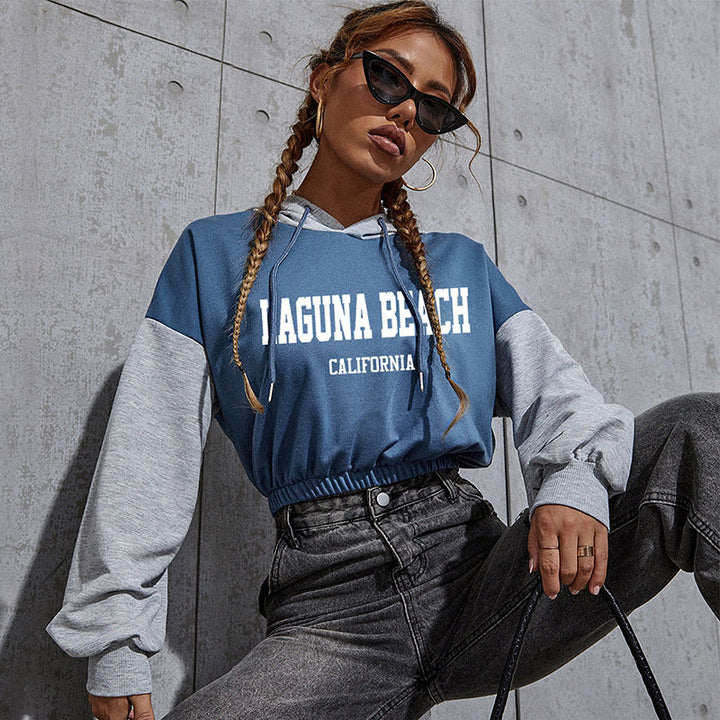 Women's Cropped Hoodie with Contrast Sleeves, Elastic Hem and Melting Smiley Print