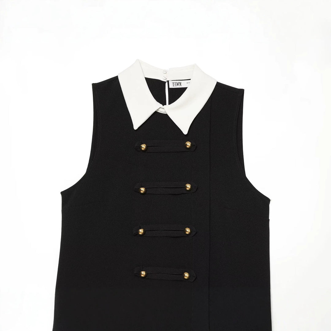 Women's Sleeveless A-Line Mini Dress with Contrasting Shirt Collar and Decorative Button Plackets Mune Fashion