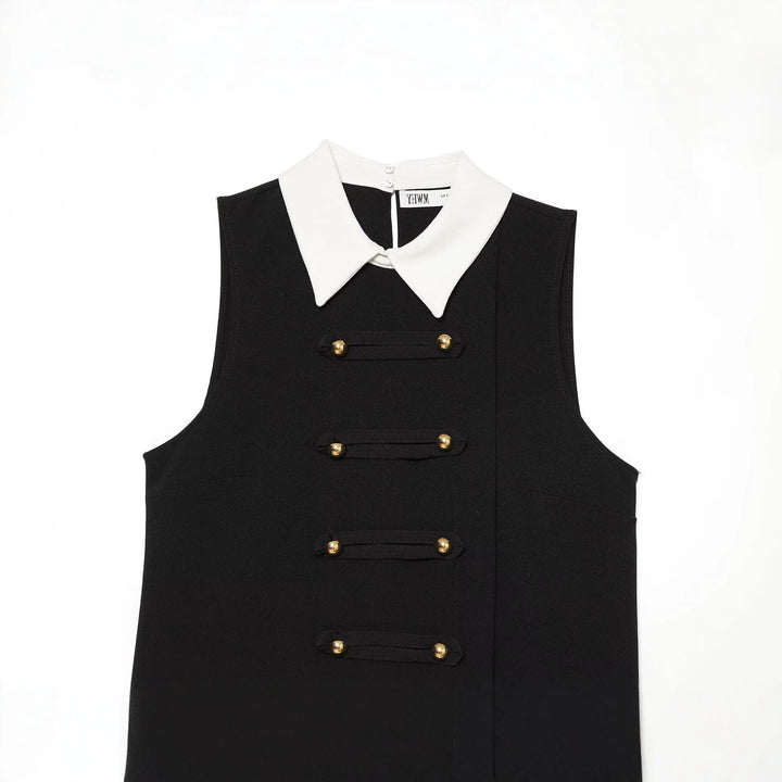 Women's Sleeveless A-Line Mini Dress with Contrasting Shirt Collar and Decorative Button Plackets Mune Fashion