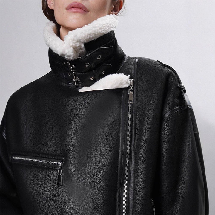 Women's Oversized Biker Jacket with Teddy Fur Lining and Adjustable Belts Mune Fashion