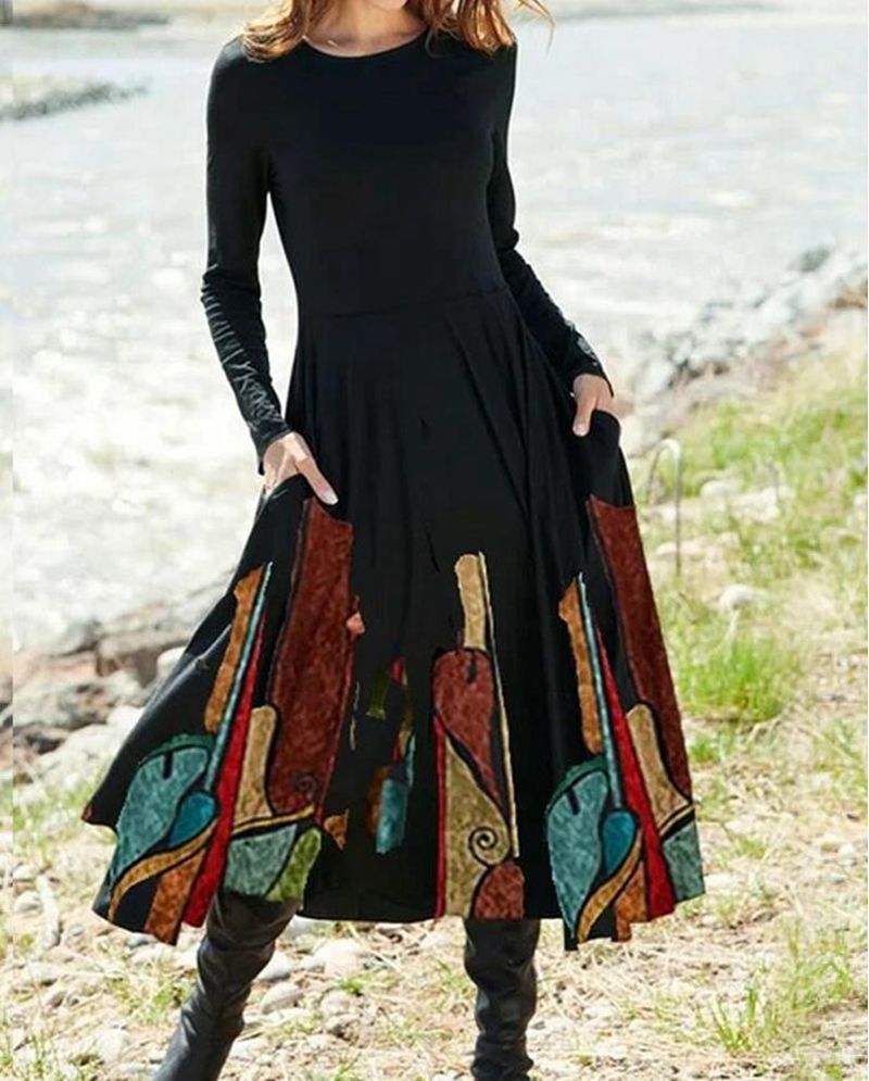 Women's A-line midi dress with abstract spray pattern, round neckline, long sleeves and side pockets Mune Fashion