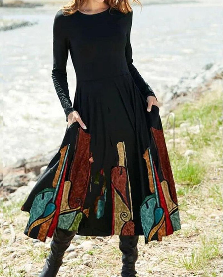 Women's A-line midi dress with abstract spray pattern, round neckline, long sleeves and side pockets Mune Fashion