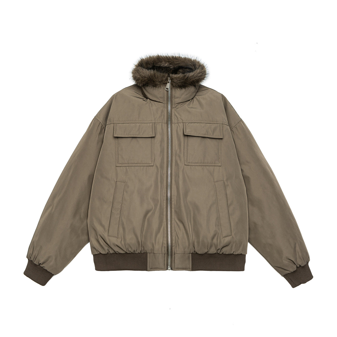 Men's Quilted Short Bomber Jacket with Removable Faux Fur Hood and Patch Front Pockets Mune Fashion