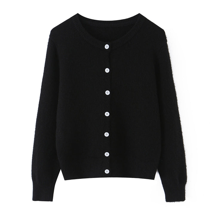 Women's fine knit cardigan with round neckline, full button placket and ribbed hem Mune Fashion