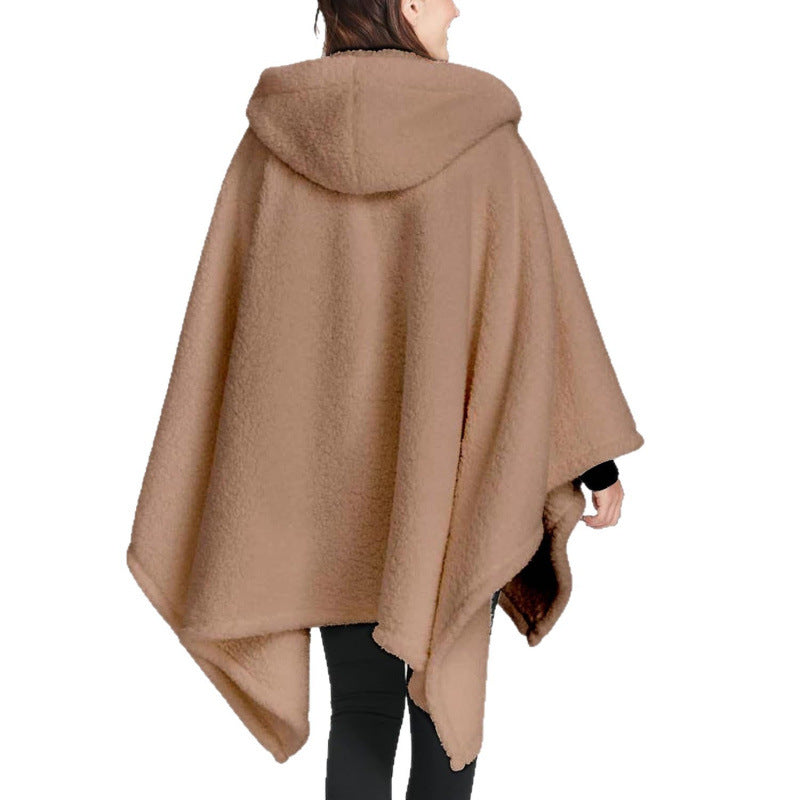Women's Hooded Poncho made of Teddy Fleece with Applied Pockets Mune Fashion