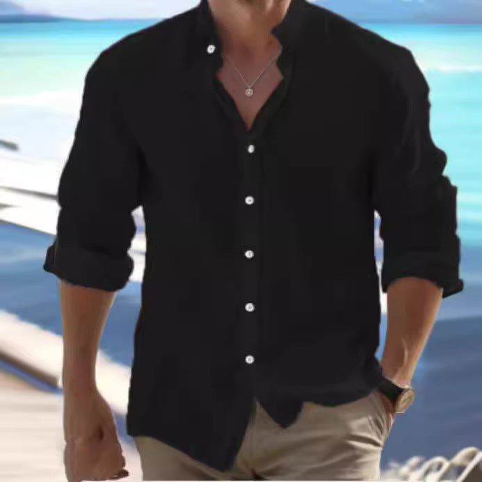 Men's light linen blouse shirt with stand-up collar, straight cut and continuous button placket Mune Fashion