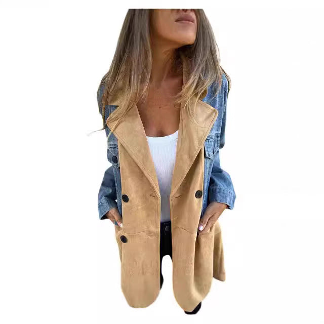 Women's Oversize Jeans Blazer with Contrasting Suede Insert and Double Button Placket Mune Fashion
