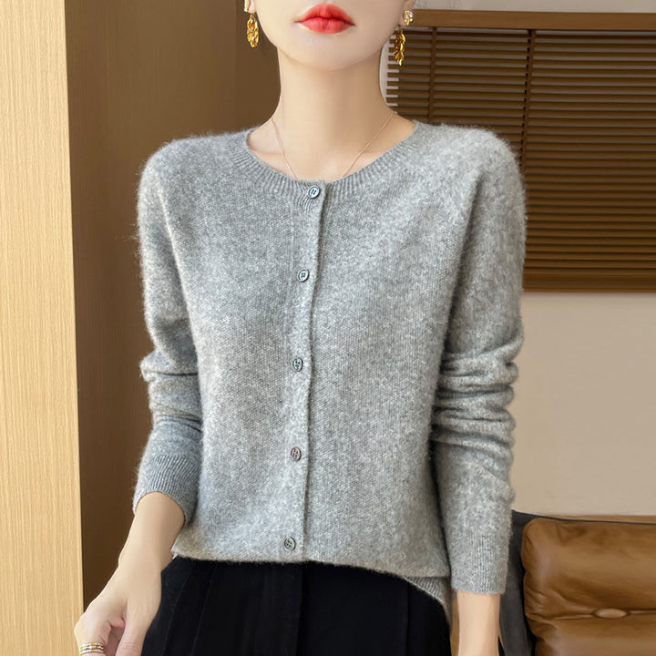 Ladies Cozy Short Cardigan made of Mohair Mix with fine virgin wool texture and mother-of-pearl button placket Mune Fashion