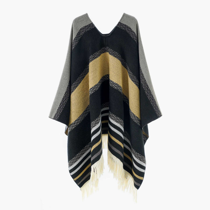 Women Oversize Poncho-Cape with V-neck and Fringe Hem Mune Fashion