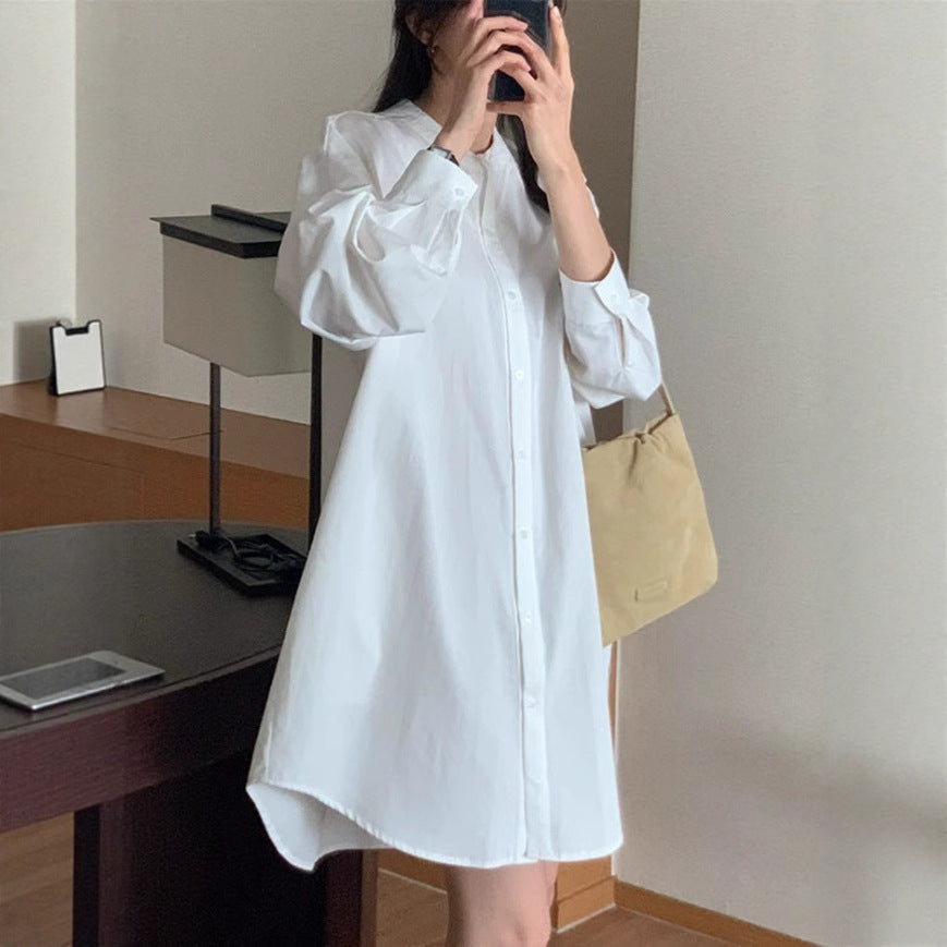 Women's Wide Cotton Shirt Dress with Stand Collar, Oversized Cut and Rounded Hem Mune Fashion
