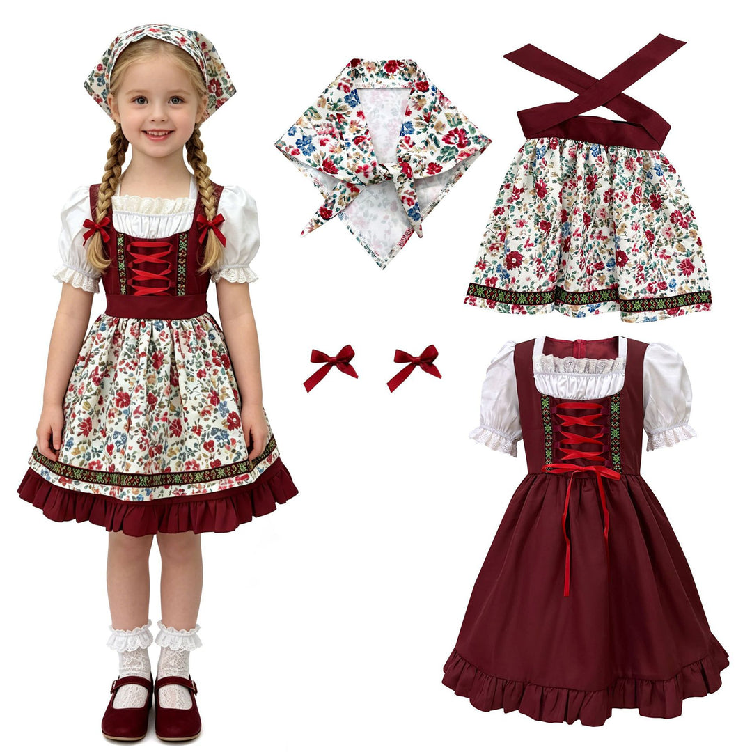 Women's traditional children's dirndl with apron, headband, lace blouse and decorative lacing Mune Fashion