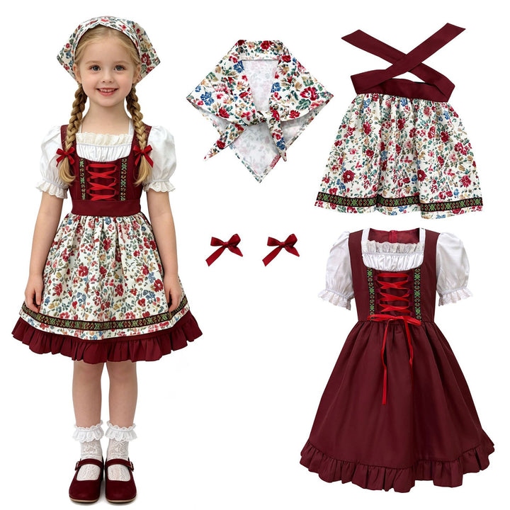 Women's traditional children's dirndl with apron, headband, lace blouse and decorative lacing Mune Fashion