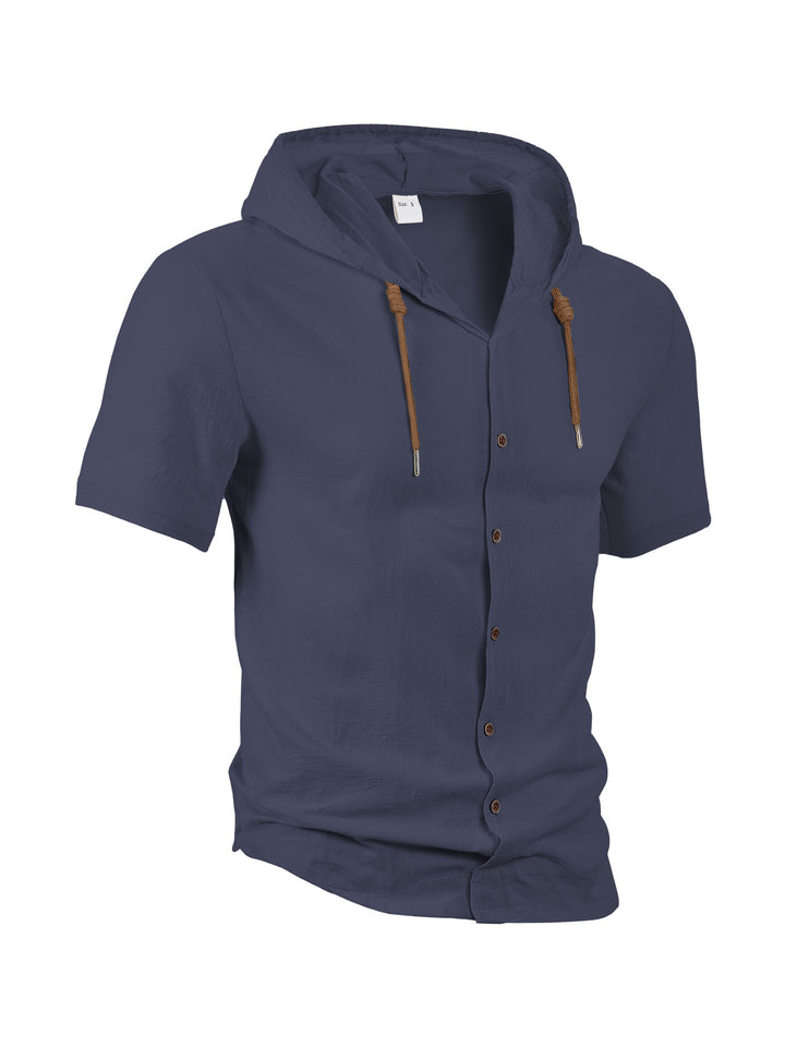 Men's crinkled short-sleeve hooded shirt made of cotton with button placket and drawstring Mune Fashion
