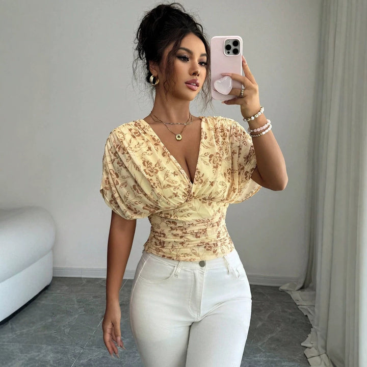 Women’s Fitted Wrap Blouse with Deep V-Neck, Ruffled Waist, and Kimono Sleeves Mune Fashion