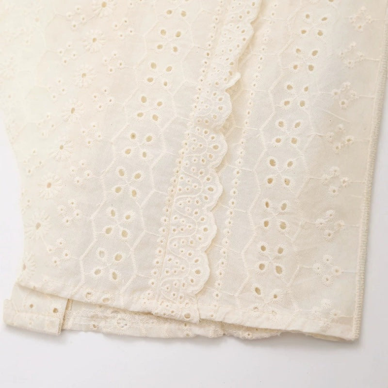 Ladies Broderie Anglaise Cotton Blouse with Ruffle Trim and Balloon Sleeves Mune Fashion